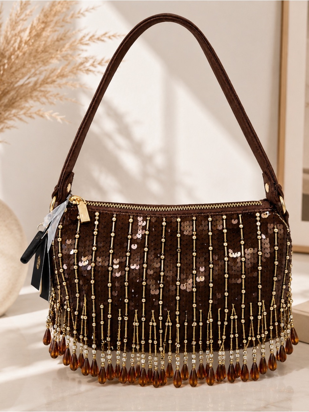 New Viral Fall Handcrafted in India Bronze Sequin Beaded Fringe Shoulder Bag